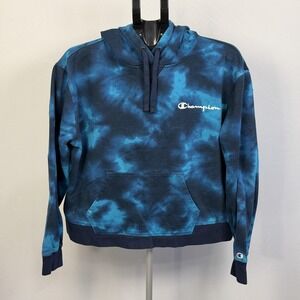 Champion Hoodie Mens XL Blue Tie Dye Fleece Pullover Sweatshirt Small Logo